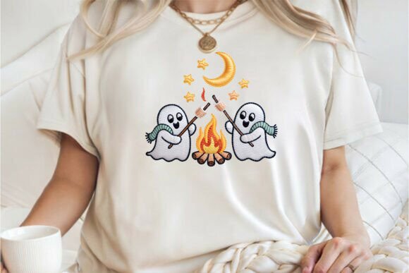 Cute Ghost Campfire Embroidery Tee PNG